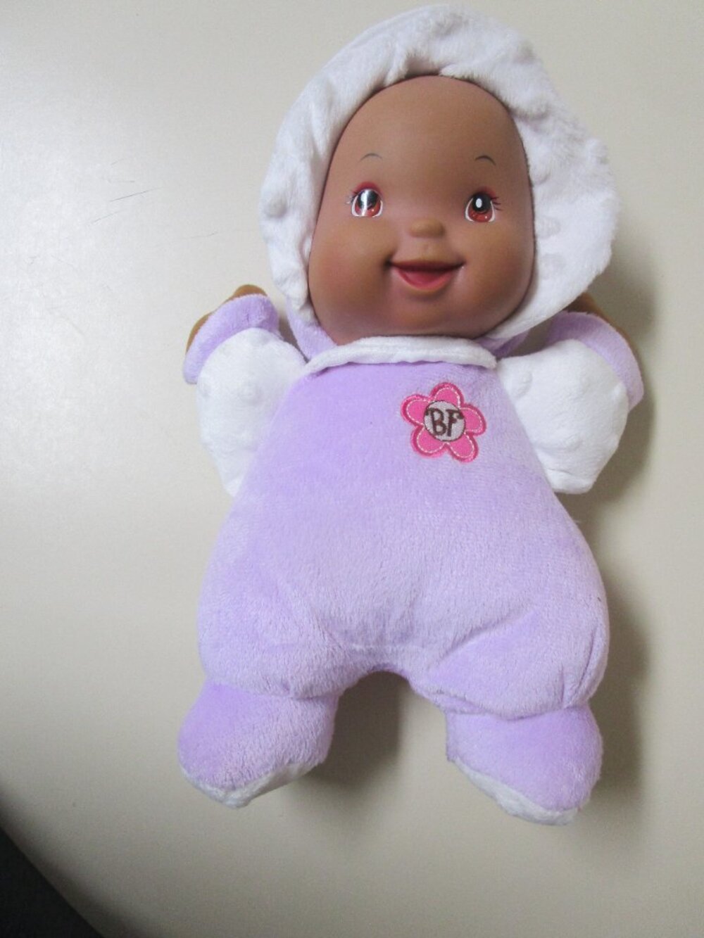 Goldberger Babys First Lavender & White Minky Soft Body Vinyl Face Rattle 11"